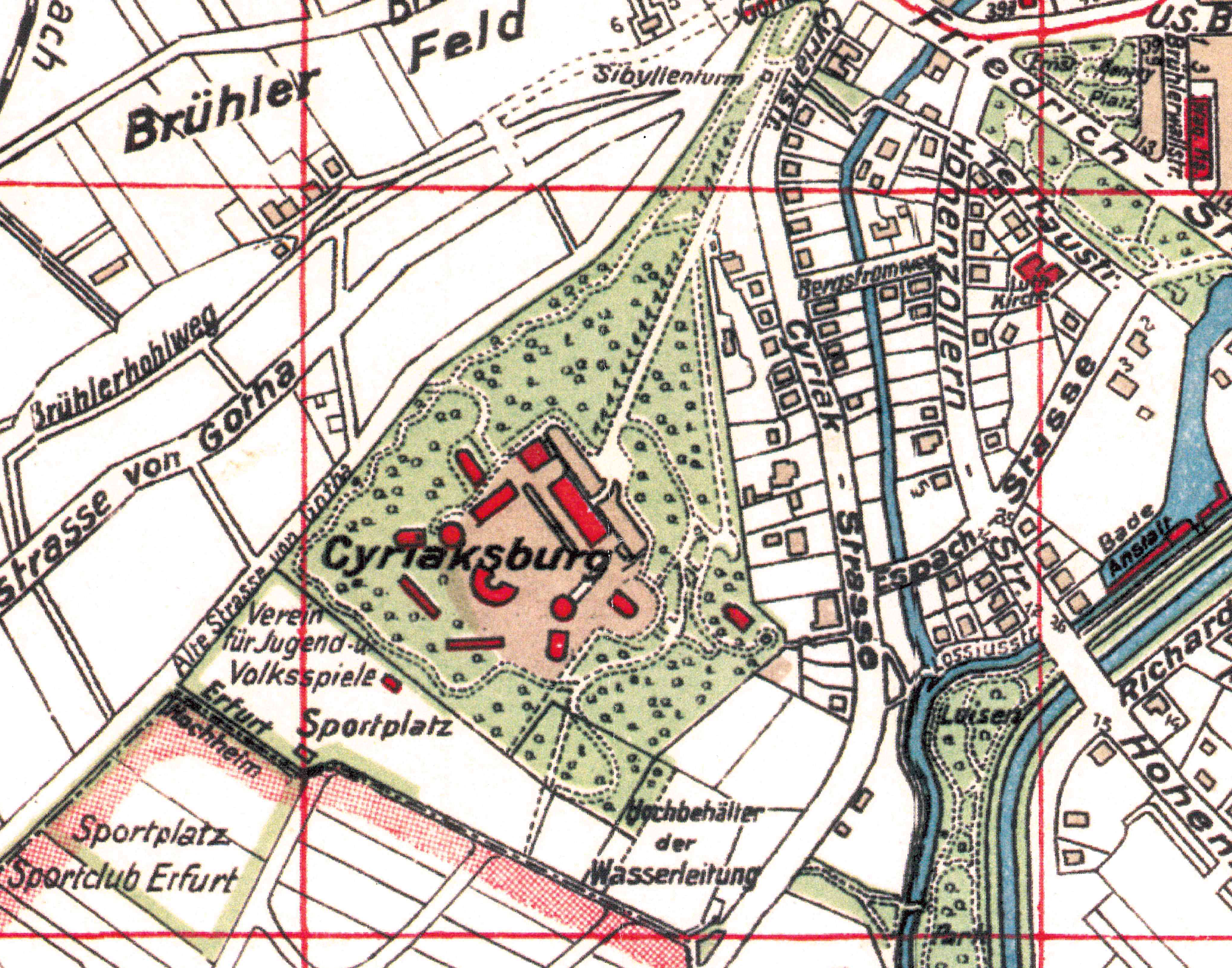 Der Sportplatz des Vereins für Jugend- und Volksspiele, auf dem am 29. Juni 1933 die Bücherverbrennung stattfand, auf einem historischen Stadtplan, 1920er Jahre