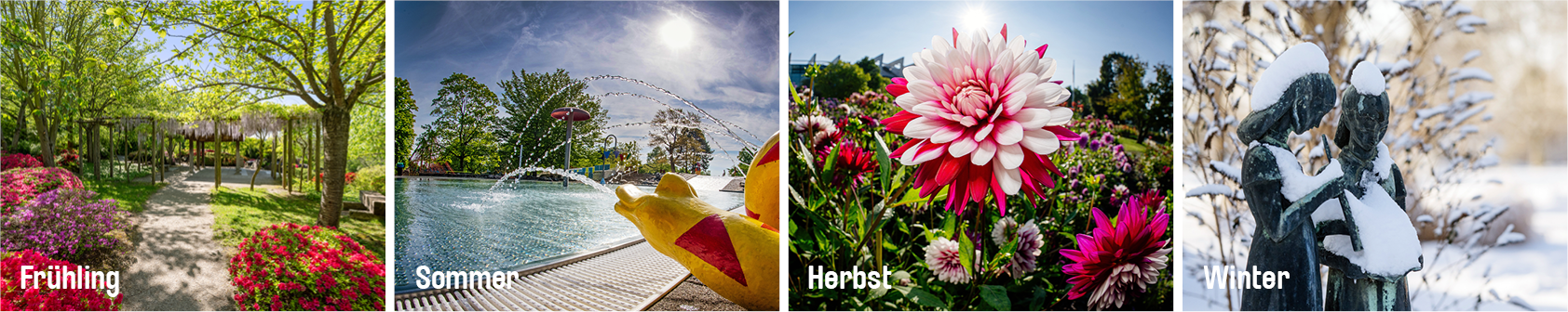 Collage von verschiedenen egapark Motiven in den verschiedenen Jahreszeiten