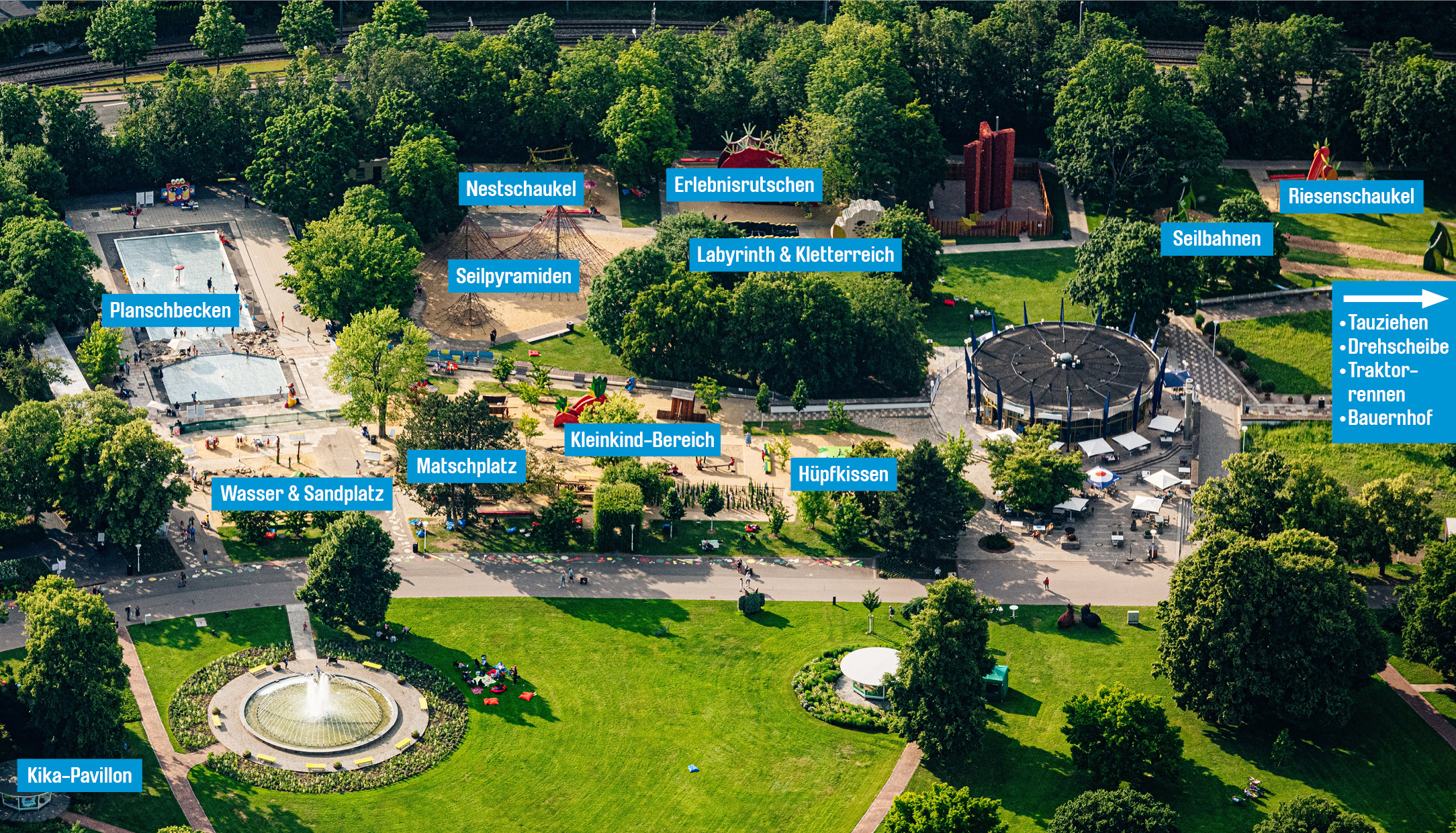 Der Spielplatz von oben Der Spielplatz und seine Stationen aus der Luft fotografiert