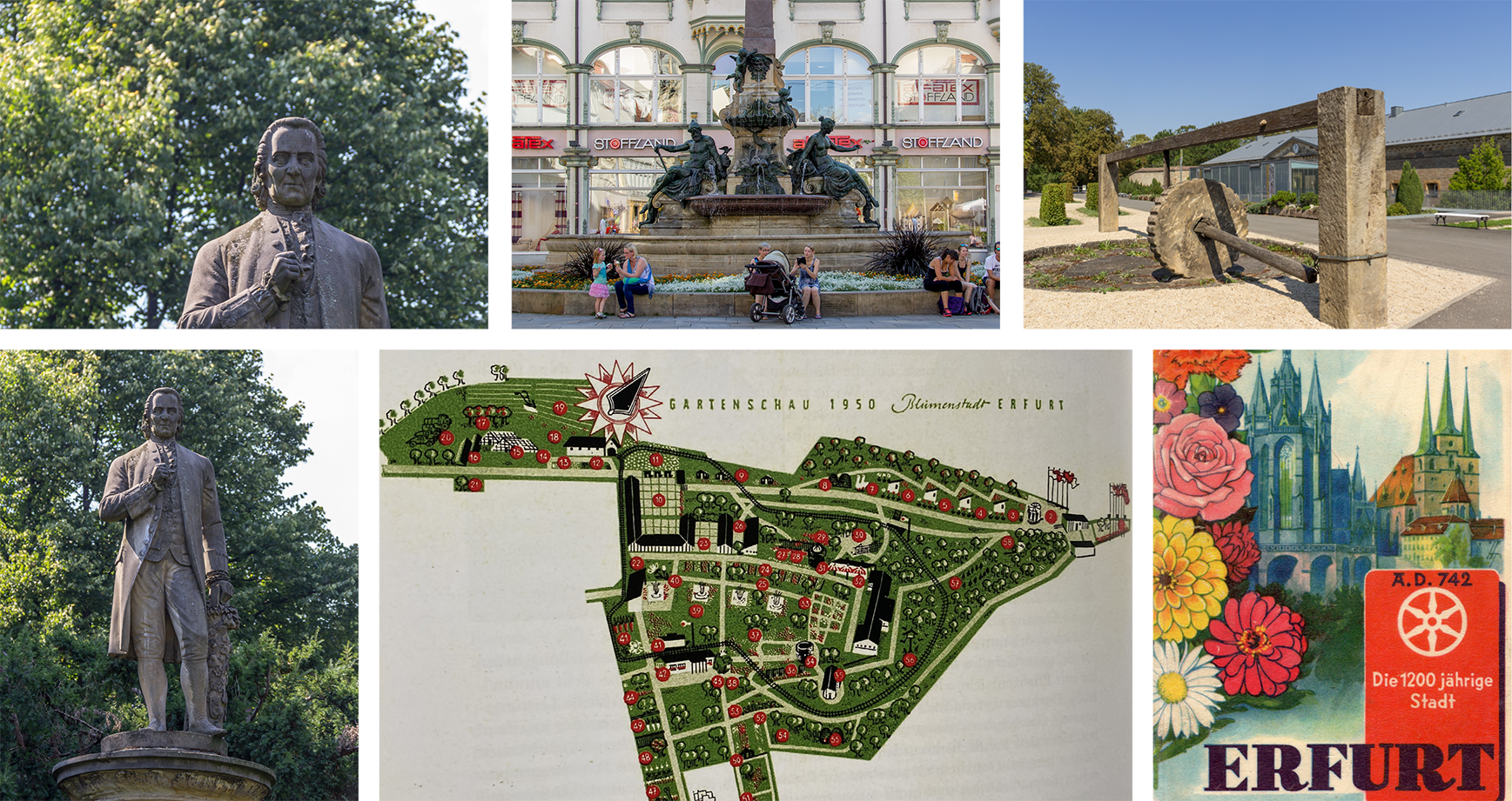 Colllage mit Erfurter Motiven (von links nach rechts und oben nach unten): Denkmal Christian Reichart Detailansicht, Angerbrunnen, Waid-M&uuml;hlenrad vor dem Deutschen Gartenbaumuseum, Denkmal Christian Reichart ganze Ansicht, Lageplan Gartenschau 1950, Blumenstadt Postkarte zum 1200. Jubil&auml;um der Stadt Erfurt