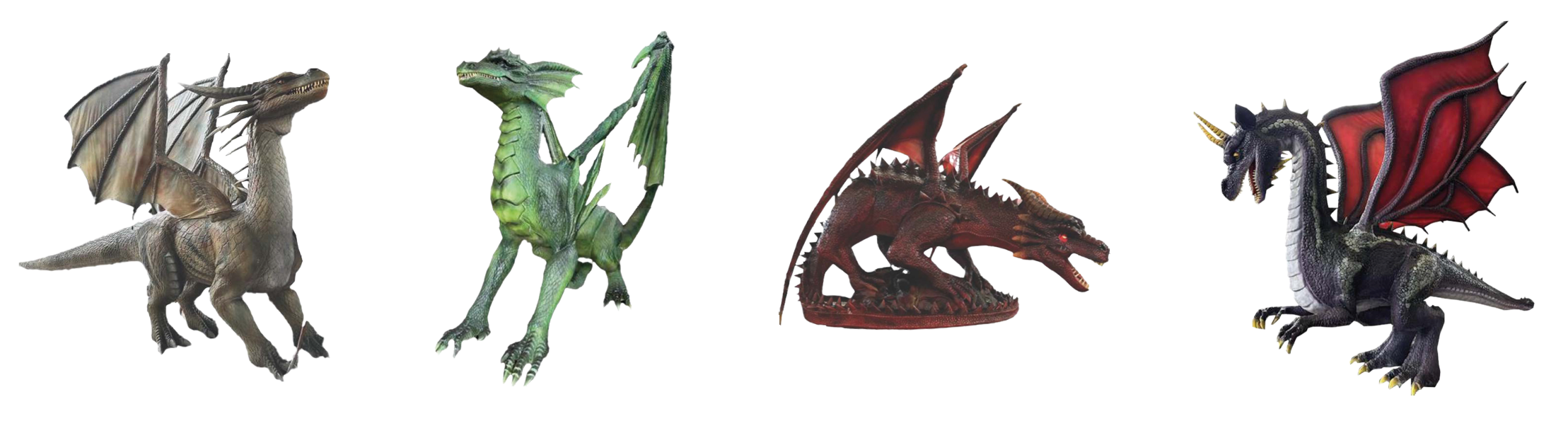Darstellung der ausgestellten Drachen vier bunte Drachenfiguren