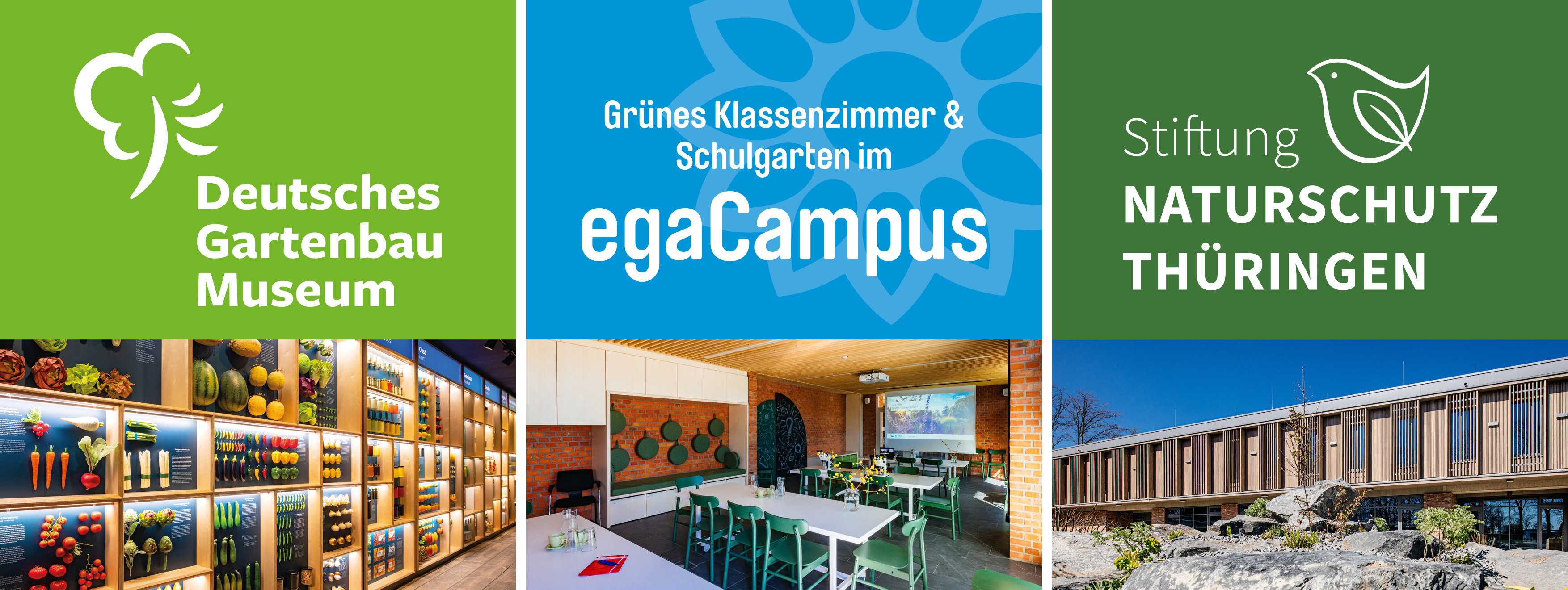 Bildcollage vom Gartenbaumuseum, dem egaCampus und der Stiftung Naturschuatz