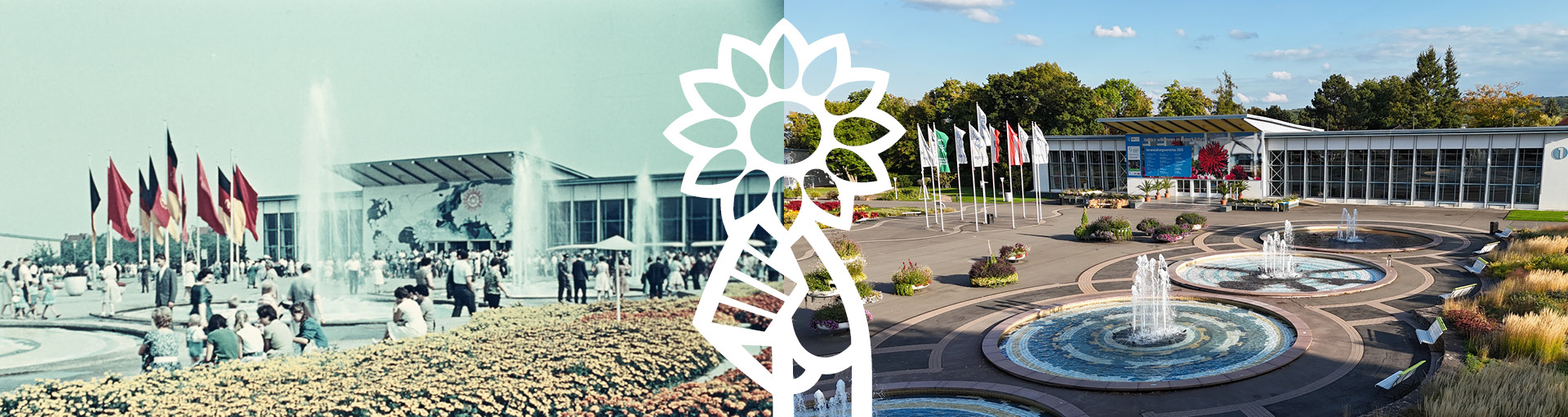 Ansicht Halle 1 mit Brunnen - links von 1961, rechts von 2026