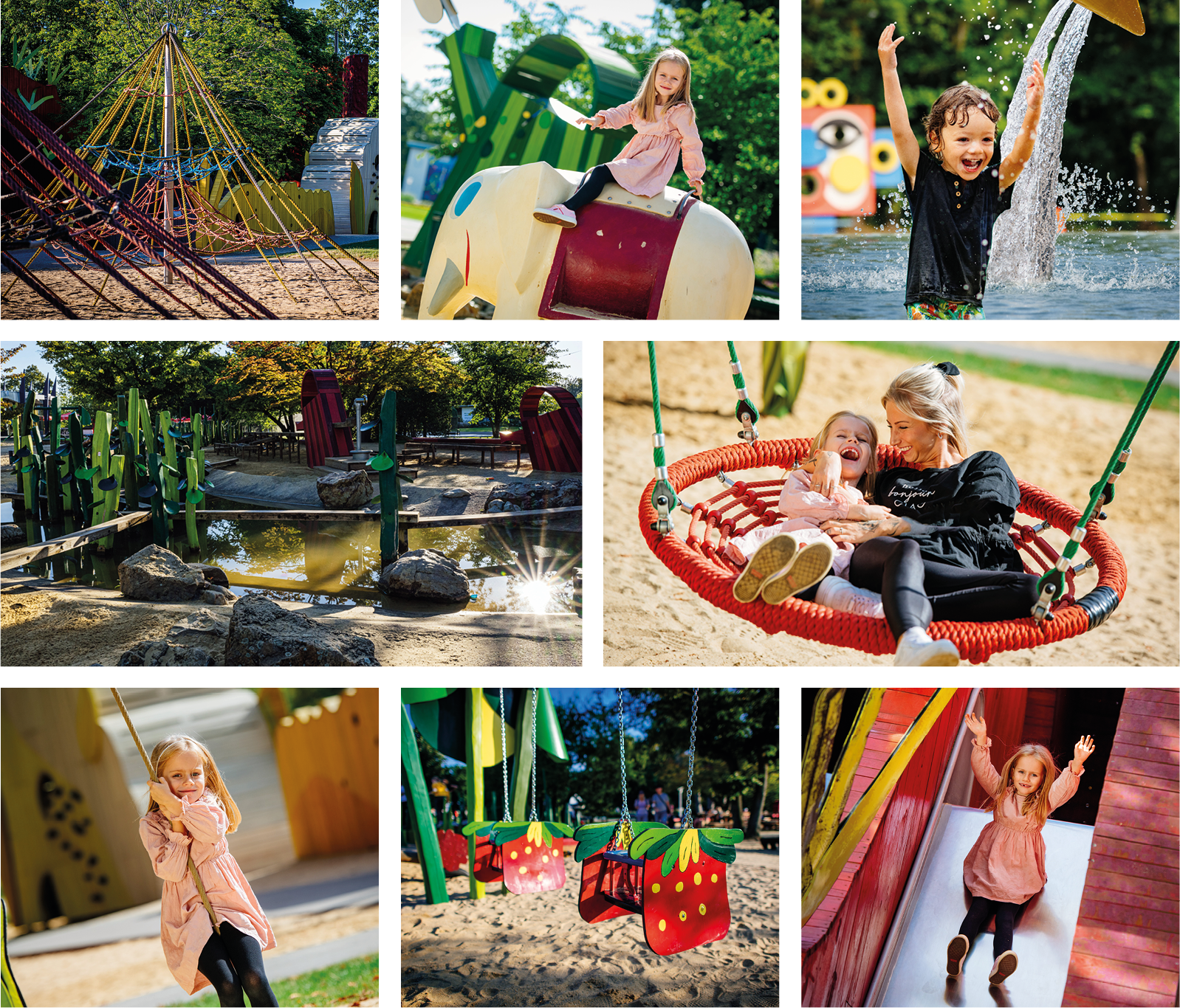 Bildercollage Spielplatz Verschiedene Bilder der Spielgräte des Spielplatzes, auf denen Kinder spielen
